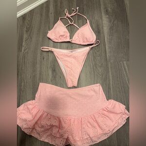 SHEIN Pink Eyelet Bikini Set with Skirt